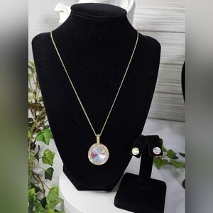 Gold Iridescent Crystal Pendant with Chain and Earrings Set